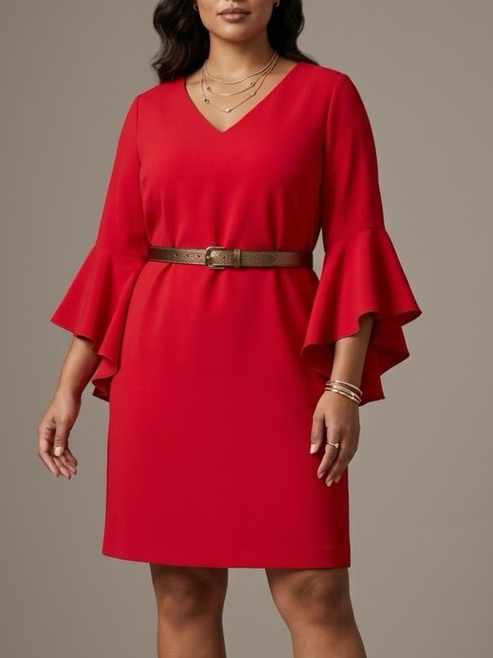 Eliza J Red Bell Sleeve V-Neck Shift Dress Plus Size 18W Tiered Ruffle Crepe